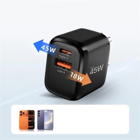 Ładowarka sieciowa Tech-Protect NCA45W-GAN 2-Porty 45W z kablem USB-C - czarna