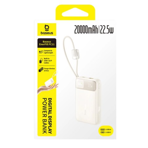 Powerbank Baseus EnerFill FC11 20000mAh 22.5W z wyświetlaczem cyfrowym i dwoma wbudowanymi kablami - beżowy