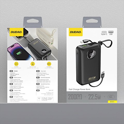 Dudao K14+ 22,5W 20000 mAh Powerbank with Built-in type-C & lightning cable black