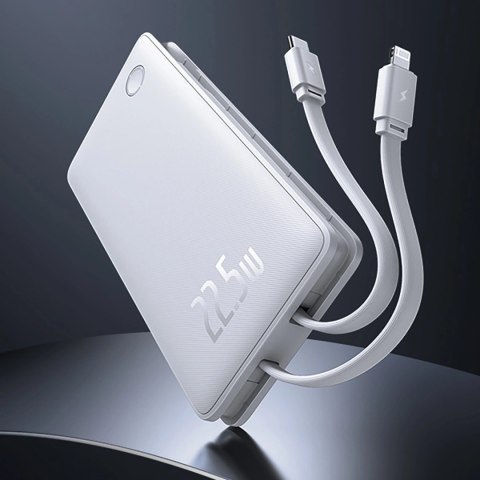 Powerbank Baseus Airpow Lite 10000mAh 22,5W z wbudowanymi kablami USB-C i Lightning - biały