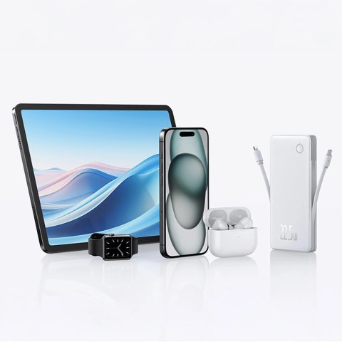 Powerbank Baseus Airpow Lite 10000mAh 22,5W z wbudowanymi kablami USB-C i Lightning - biały