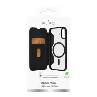 Etui skórzane Puro Book Mag MagSafe z klapką i schowkiem na karty do iPhone 16 Plus - czarne