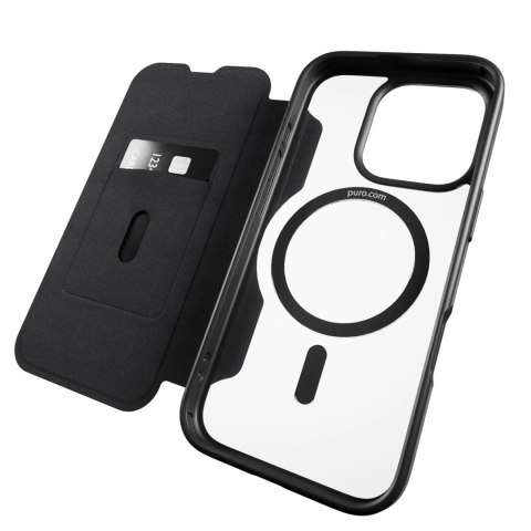 Etui skórzane Puro Book Mag MagSafe z klapką i schowkiem na karty do iPhone 16 Pro - czarne