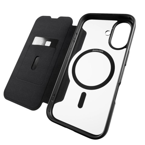 Etui skórzane Puro Book Mag MagSafe z klapką i schowkiem na karty do iPhone 16 - czarne