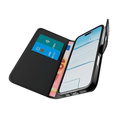 Etui Puro Wallet Stand na iPhone 17 z ekoskóry, z klapką, portfelem i funkcją podstawki - czarne