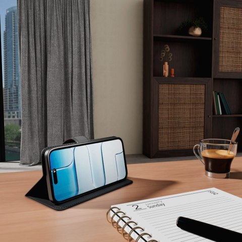 Etui Puro Wallet Stand na iPhone 17 z ekoskóry, z klapką, portfelem i funkcją podstawki - czarne