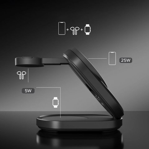 Stacja ładująca SBS Qi2.2 25W indukcyjna 3w1 składana z certyfikatem MFI - czarna