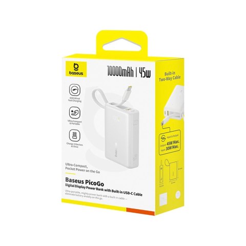 Powerbank Baseus PicoGo 10000mAh 45W z wbudowanym kablem i wyświetlaczem - biały
