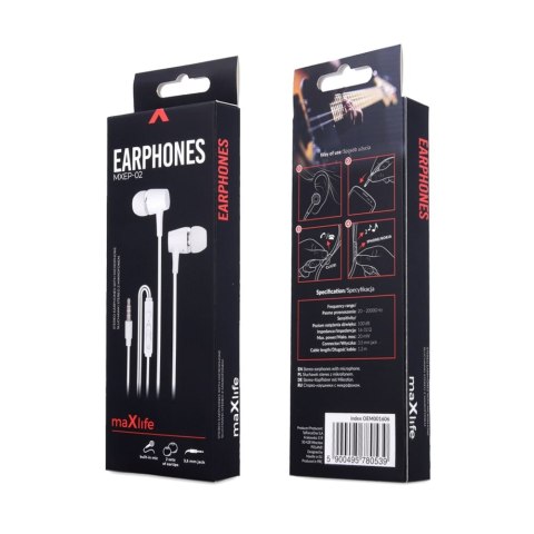 Maxlife słuchawki przewodowe MXEP-02 dokanałowe jack 3,5mm białe Maxlife słuchawki przewodowe MXEP-02 dokanałowe jack 3,5mm białe