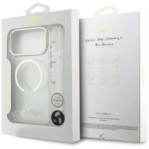 Etui Guess IML Glitters Script Strap MagSafe na iPhone 17 Pro Max - przezroczyste