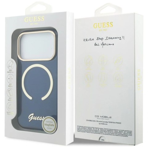 Etui Guess IML Script Metal MagSafe na iPhone 17 Pro Max - niebieskie