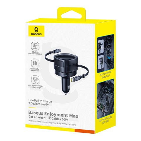 Ładowarka samochodowa Baseus Enjoyment Max 60W z dwoma zwijanymi kablami USB-C - czarna