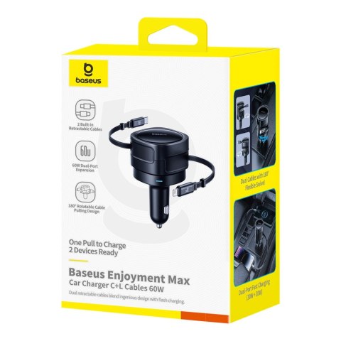 Ładowarka samochodowa Baseus Enjoyment Max 60W ze zwijanymi kablami USB-C i Lightning - czarna