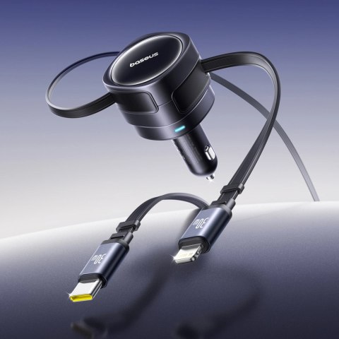 Ładowarka samochodowa Baseus Enjoyment Max 60W ze zwijanymi kablami USB-C i Lightning - czarna