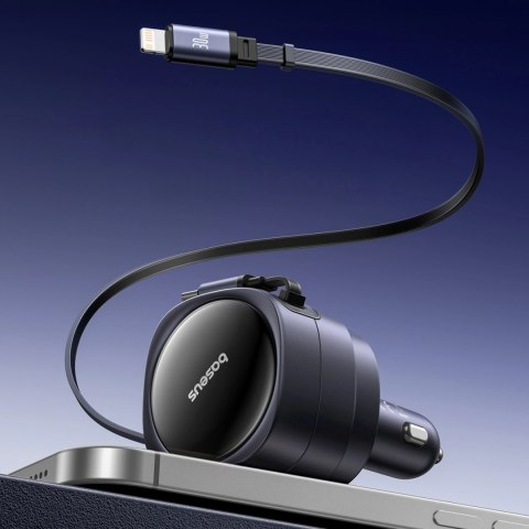 Ładowarka samochodowa Baseus Enjoyment Max 60W ze zwijanymi kablami USB-C i Lightning - czarna