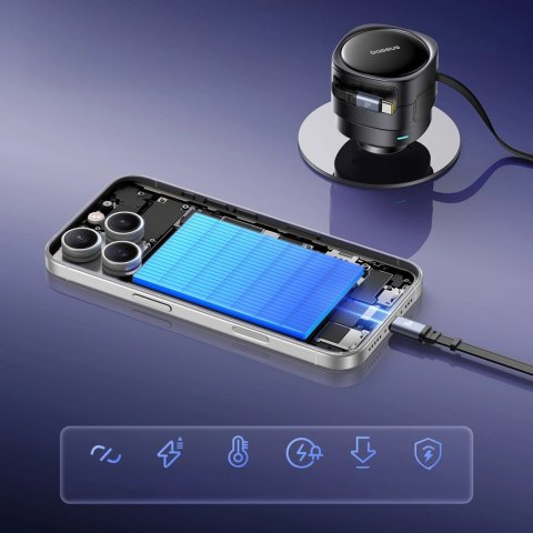 Ładowarka samochodowa Baseus Enjoyment Max 60W ze zwijanymi kablami USB-C i Lightning - czarna