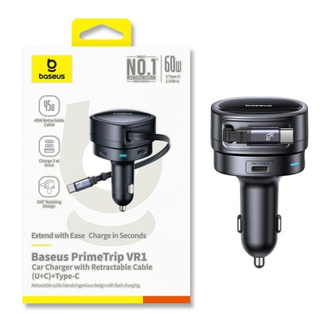 Ładowarka samochodowa Baseus PrimeTrip VR1 60W USB-A USB-C ze zwijanym kablem USB-C - czarna
