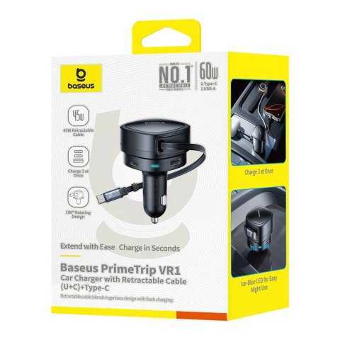 Ładowarka samochodowa Baseus PrimeTrip VR1 60W USB-A USB-C ze zwijanym kablem USB-C - czarna