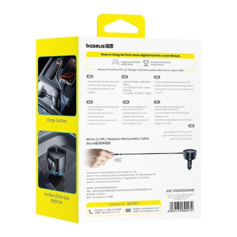 Ładowarka samochodowa Baseus PrimeTrip VR1 60W USB-A USB-C ze zwijanym kablem USB-C - czarna