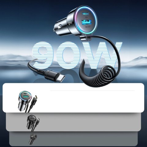 Ładowarka samochodowa Joyroom JR-CL07 90W 3w1 z wbudowanym kablem USB-C - czarna