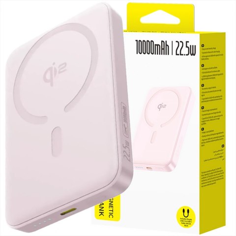 Powerbank Baseus EnerFill FM12 Qi2 10000mAh 22.5W kompatybilny z MagSafe z białym kablem Baseus Simple USB-C 20V/3A 0,30m - różo