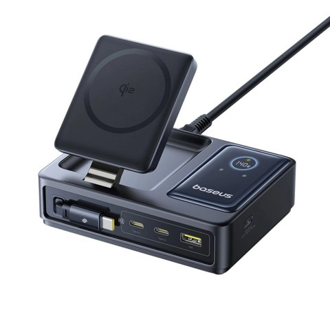 Stacja ładująca Baseus NOMOS 140W Qi2 5w1 bezprzewodowa ze zwijanym kablem USB-C i wyświetlaczem cyfrowym - czarna