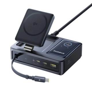 Stacja ładująca Baseus NOMOS 140W Qi2 5w1 bezprzewodowa ze zwijanym kablem USB-C i wyświetlaczem cyfrowym - czarna