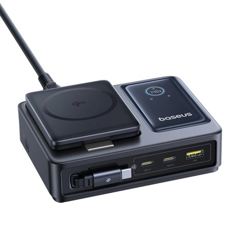 Stacja ładująca Baseus NOMOS 140W Qi2 5w1 bezprzewodowa ze zwijanym kablem USB-C i wyświetlaczem cyfrowym - czarna