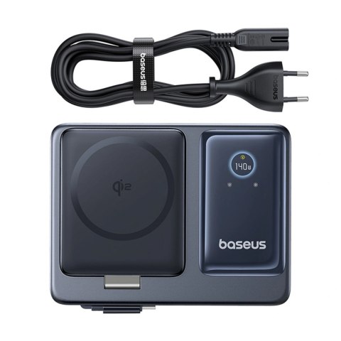 Stacja ładująca Baseus NOMOS 140W Qi2 5w1 bezprzewodowa ze zwijanym kablem USB-C i wyświetlaczem cyfrowym - czarna
