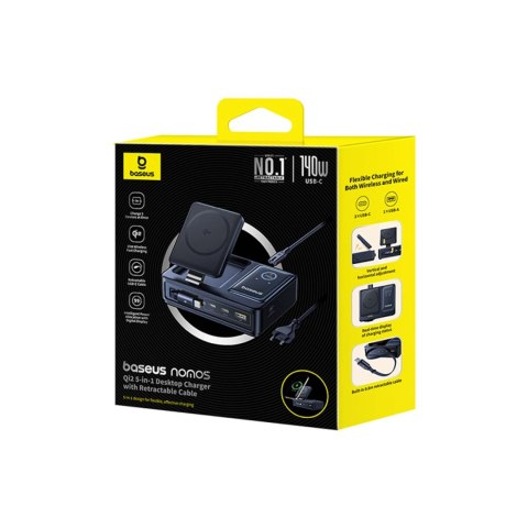 Stacja ładująca Baseus NOMOS 140W Qi2 5w1 bezprzewodowa ze zwijanym kablem USB-C i wyświetlaczem cyfrowym - czarna