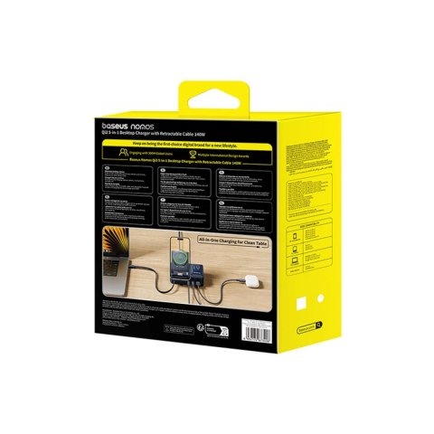 Stacja ładująca Baseus NOMOS 140W Qi2 5w1 bezprzewodowa ze zwijanym kablem USB-C i wyświetlaczem cyfrowym - czarna