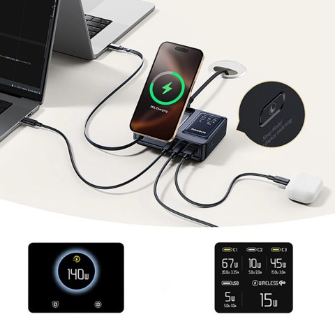Stacja ładująca Baseus NOMOS 140W Qi2 5w1 bezprzewodowa ze zwijanym kablem USB-C i wyświetlaczem cyfrowym - czarna