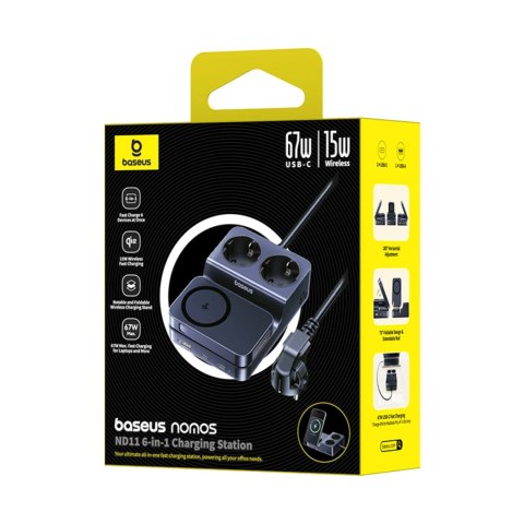 Stacja ładująca Baseus NOMOS ND11 67W 6w1 bezprzewodowa z dwoma gniazdami AC - czarna