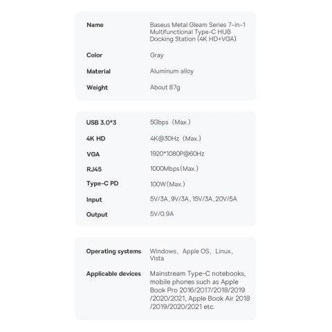 Baseus Metal Gleam Series stacja dokująca HUB 7 w 1 USB Typ C - 1 x HDMI / 1 x VGA / 3 x USB 3.2 Gen. 1 / 1 x Power Delivery / 1