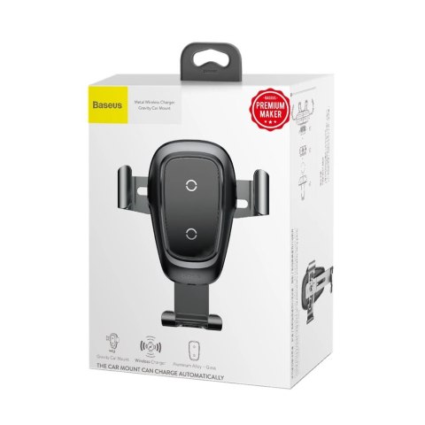 Baseus Metal Gravity Wireless Charger metalowy uchwyt samochodowy na kratkę wentylacyjną bezprzewodowa ładowarka Qi czarny (WXYL