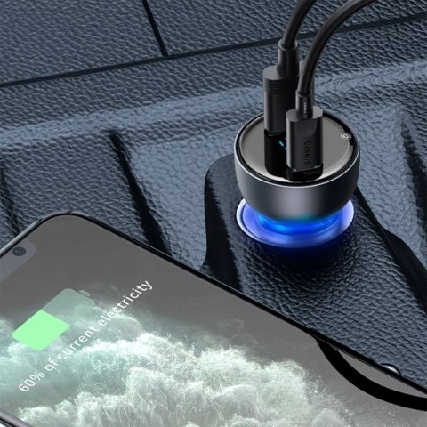 Ładowarka samochodowa Baseus Particular 65W USB-A USB-C QC PPS z wyświelaczem cyfrowym - ciemnoszara