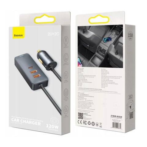 Ładowarka samochodowa Baseus Share Together 120W PPS 2xUSB-A 2xUSB-C z przedłużaczem - szara