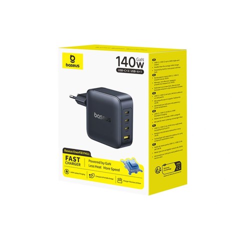 Ładowarka sieciowa Baseus EnerFill FH11 GaN 140W 3xUSB-A + 1xUSB-C - czarna