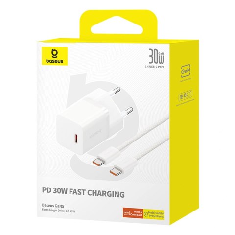 Ładowarka sieciowa Baseus GaN5 USB-C 30W z kablem Baseus Dynamic 3 USB-C 100W 1m - biała