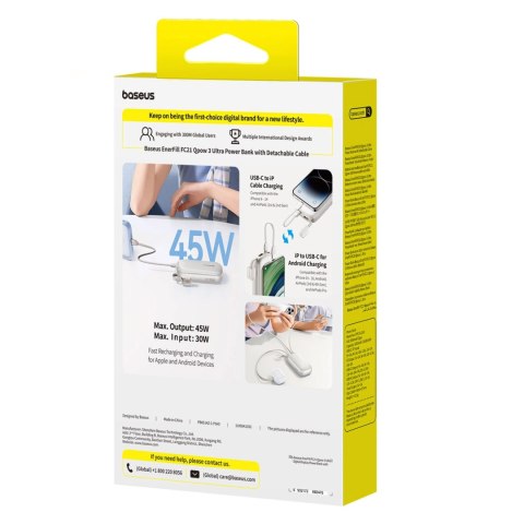 Powerbank Baseus EnerFill FC21 Qpow 3 Ultra 10000mAh 45W z wyświetlaczem cyfrowym z odłączanym kablem USB-C - Lightning - tytano