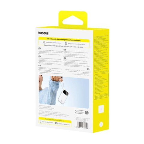 Powerbank Baseus EnerFill FC31 Qpow 3 10000mAh 45W z wyświetlaczem cyfrowym z kablami USB-C i Lightning - biały