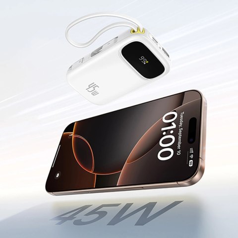 Powerbank Baseus EnerFill FC31 Qpow 3 10000mAh 45W z wyświetlaczem cyfrowym z kablami USB-C i Lightning - biały