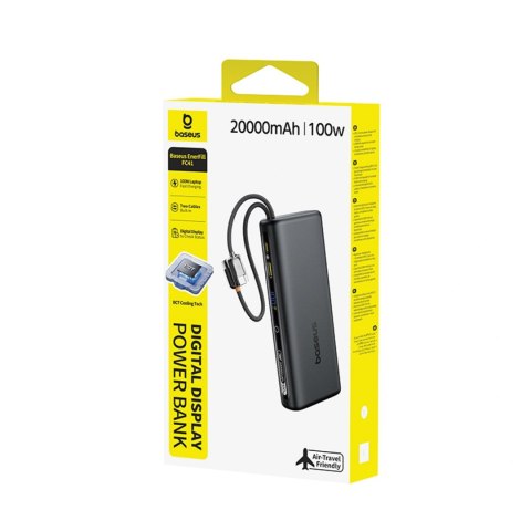 Powerbank Baseus EnerFill FC41 20000mAh 100W z wyświetlaczem cyfrowym i wbudowanym podwójnym kablem USB-C - czarny