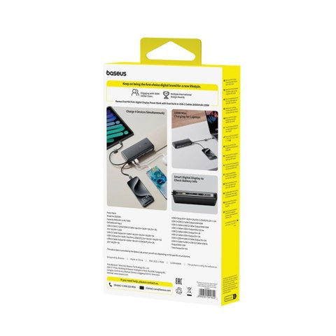 Powerbank Baseus EnerFill FC41 20000mAh 100W z wyświetlaczem cyfrowym i wbudowanym podwójnym kablem USB-C - czarny
