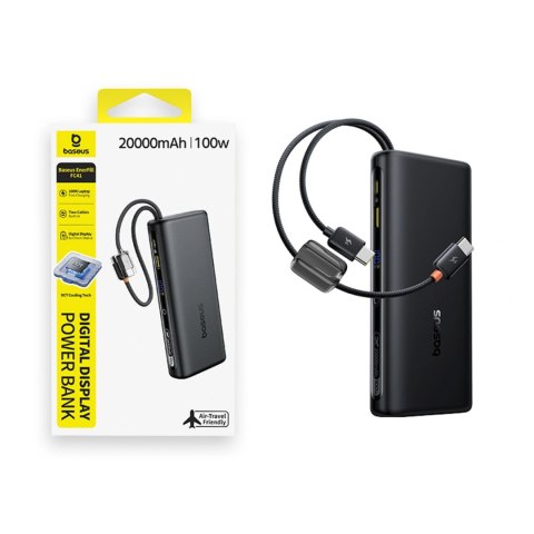 Powerbank Baseus EnerFill FC41 20000mAh 100W z wyświetlaczem cyfrowym i wbudowanym podwójnym kablem USB-C - czarny
