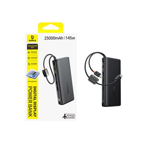 Powerbank Baseus EnerFill FC41 25000mAh 145W z wyświetlaczem cyfrowym i wbudowanym podwójnym kablem USB-C - czarny