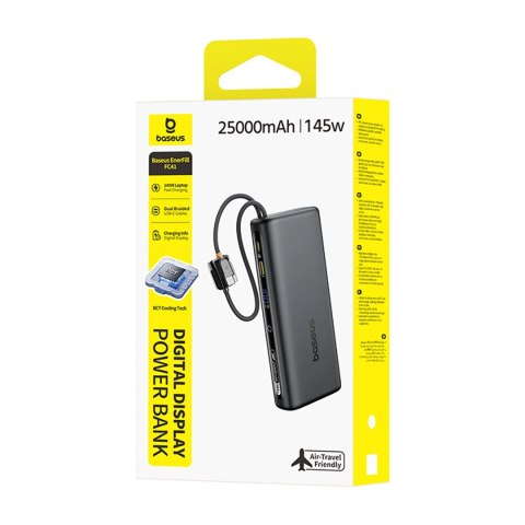 Powerbank Baseus EnerFill FC41 25000mAh 145W z wyświetlaczem cyfrowym i wbudowanym podwójnym kablem USB-C - czarny