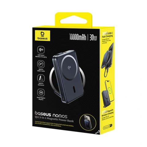 Powerbank Baseus Nomos 10000mAh 30W Qi2 z podstawką kompatybilny z MagSafe z wbudowanym kablem USB-C - czarny
