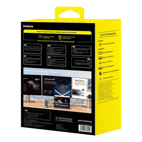 Stacja dokująca Baseus Spacemate hub USB-C 11w1 3xHDMI 4K 60Hz + 2xUSB-A (10Gb/s) + 1xUSB-C (10Gb/s) + RJ45 + 2xUSB-A (480Mb/s) 