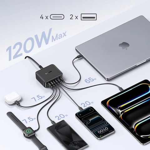 Stacja ładująca Baseus EnerFill FH21 120W 4xUSB-C + 2xUSB-A - czarna